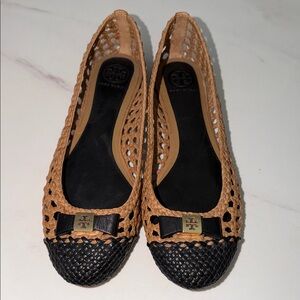 Tory Burch Black and Tan Woven Loafers